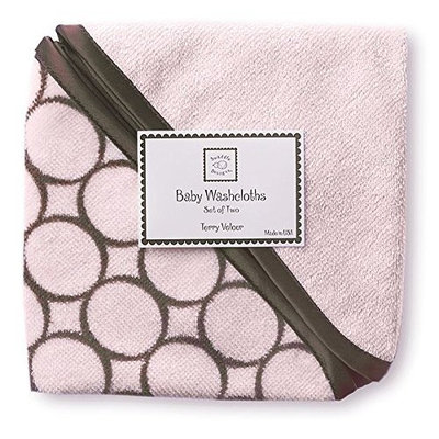 SwaddleDesigns Cotton Baby Washcloths, Brown Mod Circles, Set of 2 in Pastel Pink