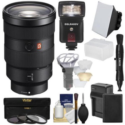Sony Alpha E-Mount FE 24-70mm f/2.8 GM Zoom Lens with Battery & Charger + Flash/LED Light + Diffusers + Softbox + 3 Filters + Kit