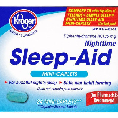 Kroger Nighttime Sleep-Aid, Diphenhydramine HCl 25 mg, 24 caplets, Compare to active ingredient of Tylenol Simply Sleep Nighttime Sleep Aid Mini-Caplets