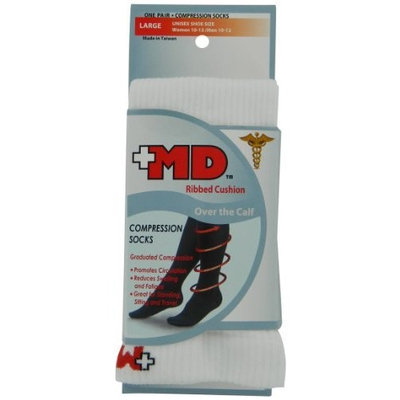 MD USA Ribbed Cotton Compression Socks with Cushion, White, Medium, (Pack of 2)
