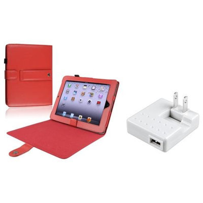 Insten INSTEN Red Leather Cover Case+Travel Charger For iPad 1 32GB