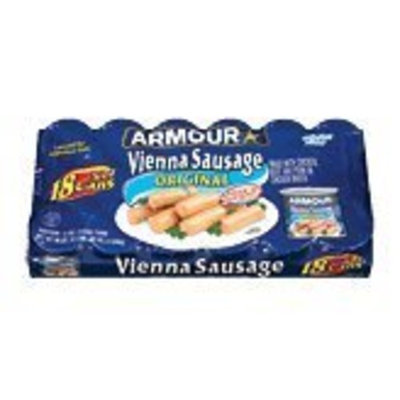 Armour original vienna sausage, made with chicken, beef and pork. 18 5-ounce cans 90 oz Tray