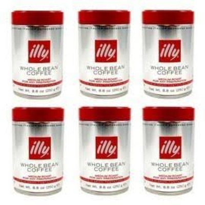 Illy Roasted Whole Coffee beans. Box of Six 8.8oz Coffee Cans
