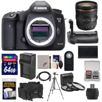 Canon EOS 5D Mark III Digital SLR Camera Body with 24-70mm f/4L IS USM Lens & 64GB Card + Grip + Battery & Charger + Case + Tripod Kit