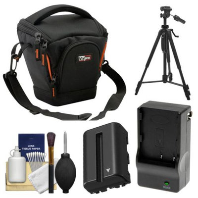 Vidpro TL-25 Top-Load DSLR Camera Holster Case (Small) with NP-FM500H Battery & Charger + Tripod + Cleaning Kit for Sony Alpha DSLR SLT-A57, A65, A77, A99