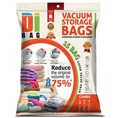 DIBAG® DIBAG ® Combo Set - 15 Bags Pack - Vacuum Storage Space Saver Bags. 1 Jumbo (48''X34.64'') + 3 XL (39.37''X26.37'')+ 4 Large (33.46''X21.25'') +4 Medium (22.44''X17.71'')+ 2 Suitcase Travel Roll-Up Bags (22.44''X17.71'') Without Suction+ 1 Carry-on Roll-up Bag (19.68''X13.38'') Without Suction. Improved Version 2016