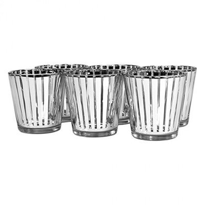 Koyal Wholesale Striped Glass Votive Cup (Set of 6), Silver, 3 H x 2.75 W x 2.75 D