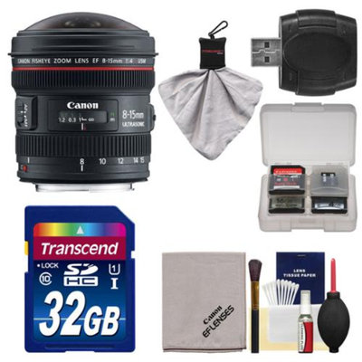 Canon EF 8-15mm f/4.0 L USM Fisheye Zoom Lens with 32GB SD Card + Kit for EOS 6D, 70D, 5D Mark II III, Rebel T3, T3i, T4i, T5, T5i, SL1 DSLR Cameras