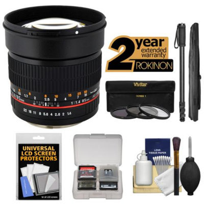 Rokinon 85mm f/1.4 Aspherical Lens with 2 Year Ext. Warranty + 3 Filters + Monopod Kit for Fuji X-A1, X-E1, X-E2, X-M1, X-T1, X-Pro1 Cameras