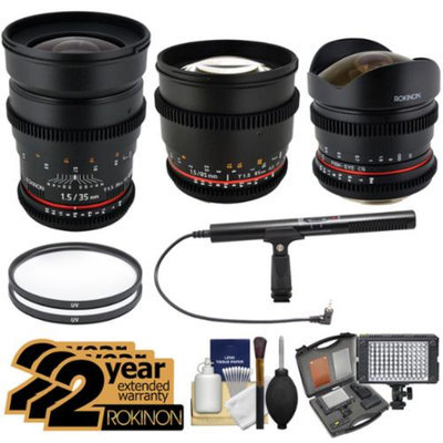 Rokinon Cine Lens Bundle with 8mm T/3.8, 35mm T/1.5 & 85mm T/1.5 (for Nikon DSLR Video) + 2 Year Ext Warranties + LED Video Light + Pro Microphone + Filters Kit