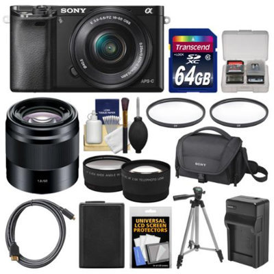 Sony Alpha A6000 Wi-Fi Digital Camera & 16-50mm Lens with 50mm f/1.8 Lens + 64GB Card + Case + Battery/Charger + Tripod + Tele/Wide Lens Kit