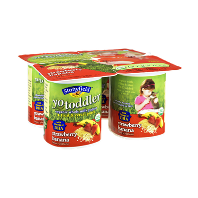 Stonyfield Organic YoToddler Strawberry Banana Fruit & Cereal Puree On The Bottom Whole Milk Yogurt - 4 PK