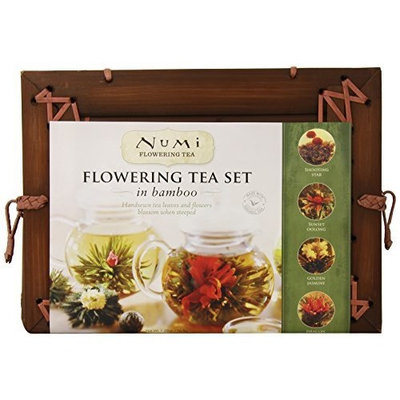 Numi Organic Tea Flowering Gift Set in Handcrafted Mahogany Bamboo Chest: Glass Teapot & 6 Flowering Tea Blossoms