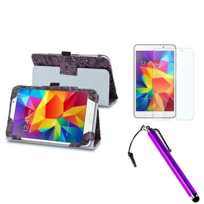 Insten INSTEN Purple Flower Leather Stand Case+Screen Protector+3.5mm Stylus Pen For Samsung Galaxy Tab 4 7.0 7 SM-T230 Tablet