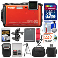 Nikon Coolpix AW120 Shock & Waterproof Wi-Fi GPS Digital Camera (Orange) with 32GB Card + Cases + Battery + Tripod + Strap + Handlebar & Helmet Mount Kit