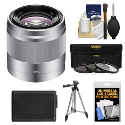 Sony Alpha NEX E-Mount 50mm f/1.8 OSS Lens (Silver) with NP-FW50 Battery + Tripod + 3 Filters Kit for A7, A7R, A7S, A3000, A5000, A5100, A6000 Cameras