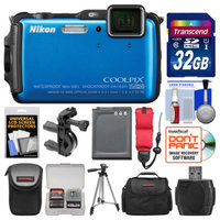 Nikon Coolpix AW120 Shock & Waterproof Wi-Fi GPS Digital Camera (Blue) with 32GB Card + Cases + Battery + Tripod + Strap + Handlebar & Helmet Mount Kit