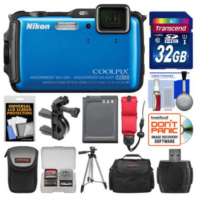 Nikon Coolpix AW120 Shock & Waterproof Wi-Fi GPS Digital Camera (Blue) with 32GB Card + Cases + Battery + Tripod + Strap + Handlebar & Helmet Mount Kit