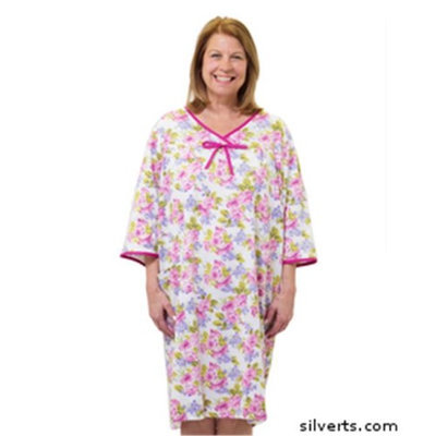Silvert's Silverts 260000202 Soft Cotton Knit Pattern - Womens Open Back Snap Adaptive Hospital Night Gown Mauve Flower - Medium