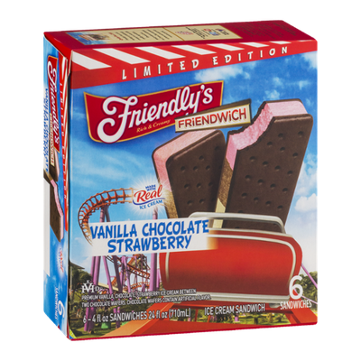 Friendly's Friendwich Ice Cream Sandwich Vanilla Chocolate Strawberry - 6 CT