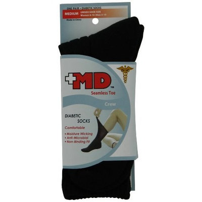 MD USA Wave-In Mesh Diabetic Seamless Crew Socks Black, Medium, (Pack of 2)