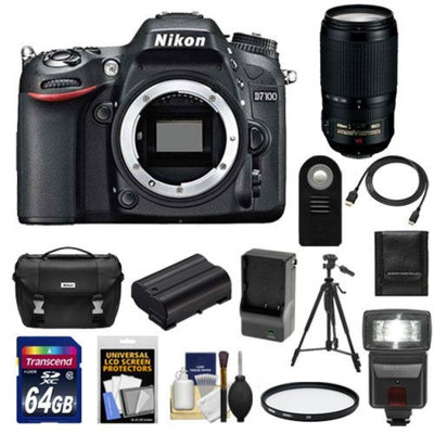 Nikon D7100 Digital SLR Camera Body with 70-300mm Lens + 64GB Card + Battery & Charger + Case + Flash + Filter + Tripod + Accessory Kit