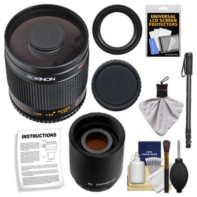Rokinon 500mm f/8 Telephoto Mirror Lens with 2x Teleconverter (=1000mm) + Monopod Kit for Canon EOS 60D, 7D, 5D Mark II III, Rebel T3, T3i, T4i Digital SLR Cameras