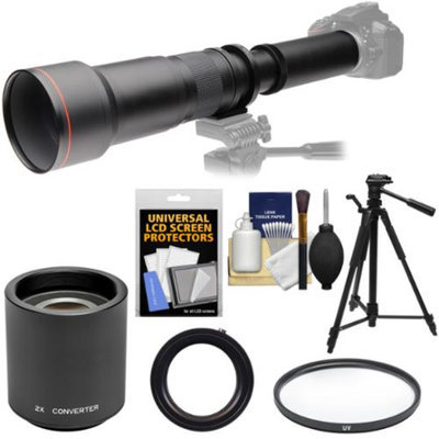 Vivitar 650-1300mm f/8-16 Telephoto Lens with 2x Teleconverter (=2600mm) + Tripod + Filter Kit for Canon EOS Rebel SL1, T3, T3i, T5, T5i, 70D, 6D, 7D 5D Mark II III Camera