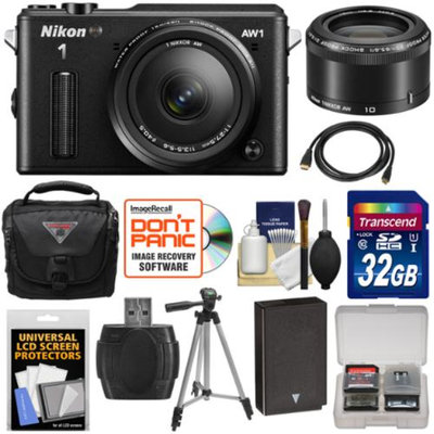 Nikon 1 AW1 Shock & Waterproof Digital Camera Body with AW 11-27.5mm & 10mm Lens (Black) with 32GB Card + Battery + Case + Tripod + Kit