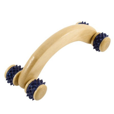 Blue Rubber Wheel Wooden Massage Roller Body Back Releasing Stress Massager Tool