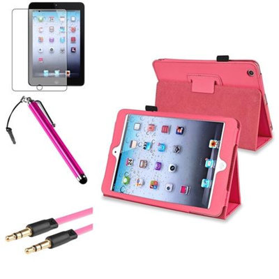 Insten iPad Mini 3/2/1 Case, by INSTEN Hot Pink Leather Case Stand Cover+AG Shield for iPad Mini 3 2 1