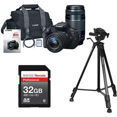 Canon Black EOS Rebel T5i Digital SLR Camera, Includes 18-55mm and 75-300mm Lenses with BONUS Memory Card and Tripod Value Bundle