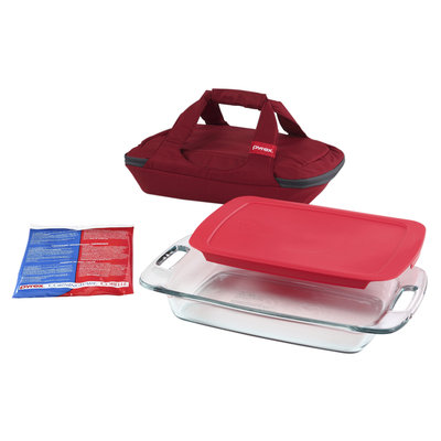 Pyrex Portable 4 piece Set with 3 quart Oblong Baking Dish, Red Cover, Large Unipack, Black Carrier - WORLD KITCHEN, INC.
