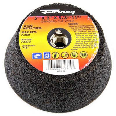 Forney 72375 Grinding Cup Wheel Type 11 Flared Metal with 5/8-Inch-11 Threaded Arbor A16Q 5-Inch-by-