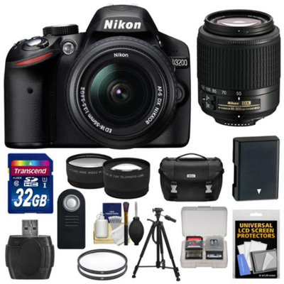 Nikon D3200 Digital SLR Camera & 18-55mm & 55-200mm DX AF-S Zoom Lens and Case with 32GB Card + Battery + Filters + Tripod + Tele/Wide Lens Kit