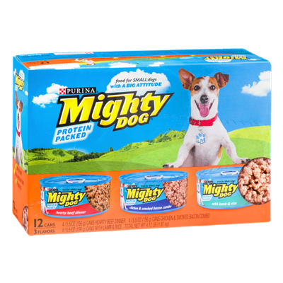 Purina Mighty Dog Hearty Beef Dinner, Chicken & Smoked Bacon Combo and Lamb & Rice Dog Food - 12 CT