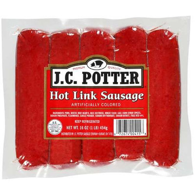 J.c. Potter PORK, WATER, BEEF HEARTS, BEEF, DEXTROSE, WHEAT FLOUR, SALT, CORN SYRUP, SPICES, SODIUM PHOSPHATE, FLAVORINGS, GARLIC POWDER, SODIUM ERYTHORBATE, SODIUM NITRITE, FD&C RED #4.