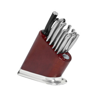 KitchenAid® 14-pc. Iconic Cherry Stained Block with Aluminum Polished Base and Stainless Steel Knife Set