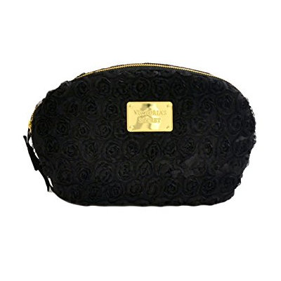 Victoria's Secret Black Satin Flowers Cosmetic Clutch Case