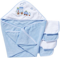 Spasilk Hooded Towel Set w 4 washcloths -Blue Train