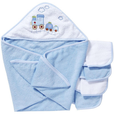 Spasilk Hooded Towel Set w 4 washcloths -Blue Train