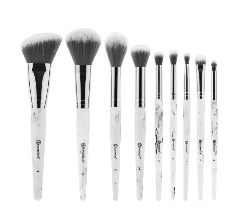 Bh Cosmetics White Marble 9 Piece Brush Set With Angled Brush Holder