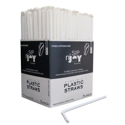 Crystalware Flexible Straws, White, Individually Wrapped Box of 400 Straws