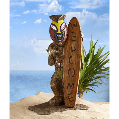 Global Surplus Inc. Garden Oasis Friki Tiki 25in Statue with Welcome Surfboard - GLOBAL SURPLUS INC.