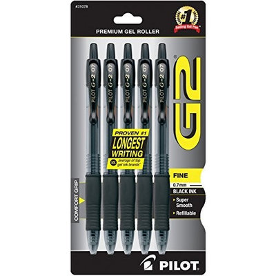 Pilot G2 Retractable Premium Gel Ink Roller Ball Pens, Fine Point, 5-Pack, Black Ink (31078)