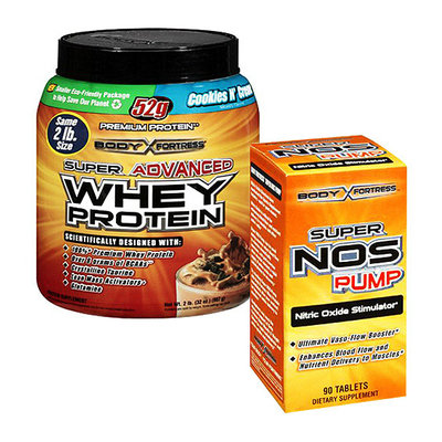 Body Fortress Super Advanced 2lb Cookies n Creme Whey Protein Powder + 90ct Super Nos Pump Nitric Oxide Stimulator Bundle