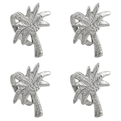 India Handicrafts Shaped Palm Tree Napkin Rings Set of 4 Silver Tone Metal