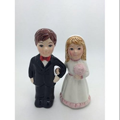 Bride and Groom Pink Rose Magnetic Salt and Pepper Shakers