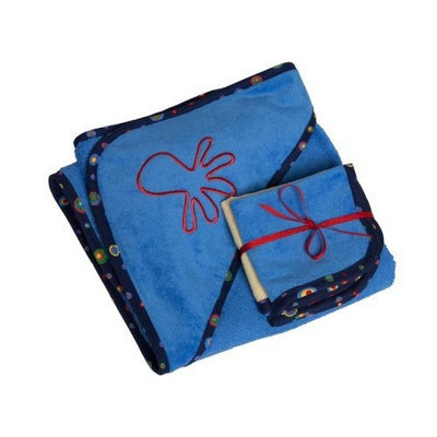 Ambajam Plush Hooded Towel and Wash Cloth Set, Sky Blue Terry/Swirly Red Trim
