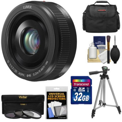 Panasonic Lumix G Vario 20mm f/1.7 II ASPH Lens (Black) with 32GB Card + 3 UV/ND8/CPL Filters + Case + Tripod + Accessory Kit for G Series Digital Cameras
